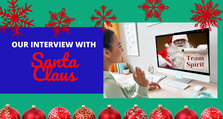 Header image depicting 'Our Interview with Santa' in festive, bold lettering with Santa Claus and holiday decorations in the background.
