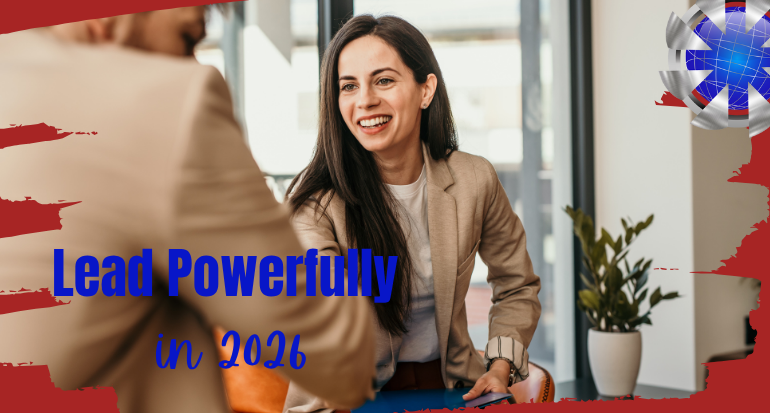 Professional woman smiling in a business meeting with text reading Lead Powerfully in 2026, symbolizing strong leadership and strategic executive hiring for the new year.